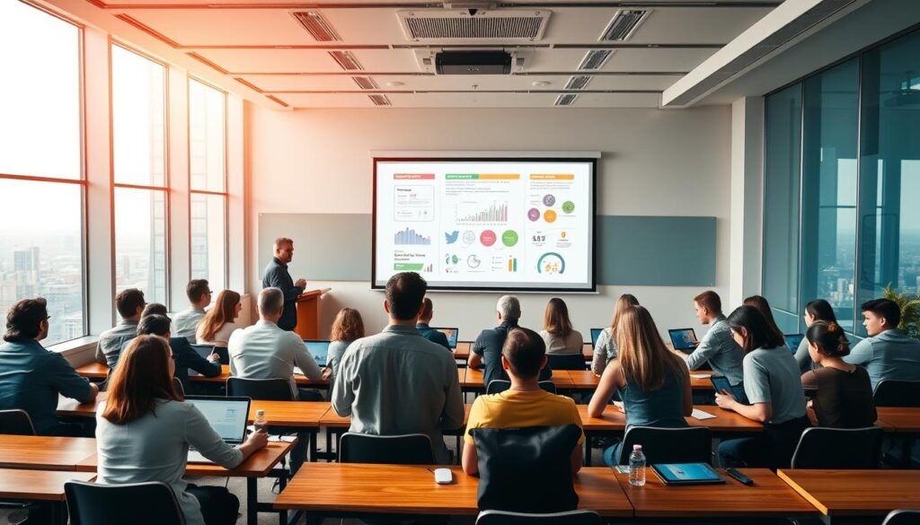 A bright, modern classroom setting with rows of desks and a chalkboard at the front. In the foreground, several professors and students engaged in lively discussions, brainstorming new educational business models on their laptops and tablets. The middle ground features a projection screen displaying infographics and diagrams illustrating innovative teaching methodologies and entrepreneurial strategies. The background showcases a panoramic view of a vibrant city skyline, symbolizing the dynamic, forward-thinking nature of the educational entrepreneurship landscape. Warm, natural lighting filters in through large windows, creating a sense of energy and creativity. The overall atmosphere conveys a spirit of collaboration, innovation, and the pursuit of new educational frontiers.