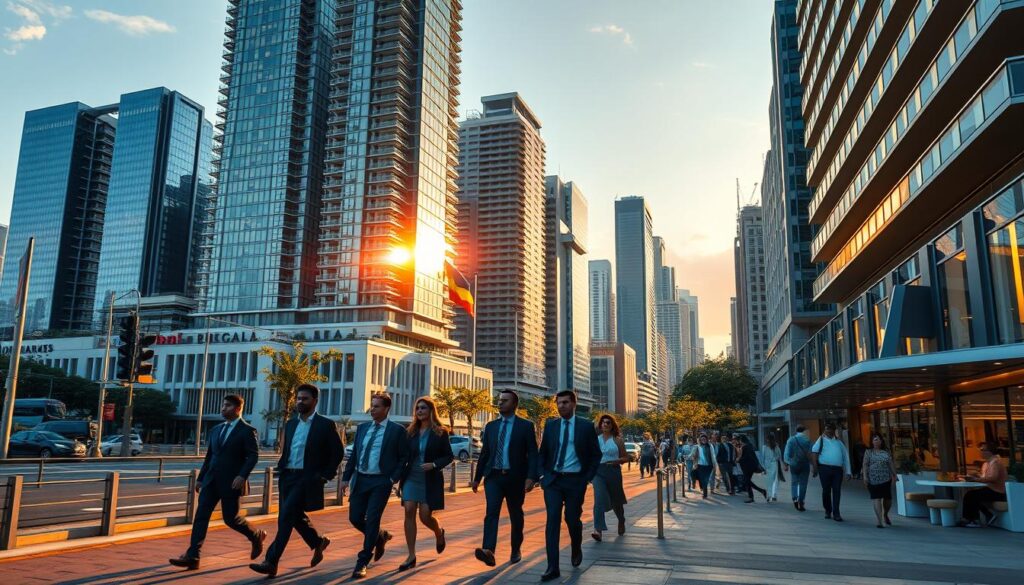 a bustling brazilian cityscape at golden hour, with gleaming high-rise office towers and modern apartment buildings casting long shadows across a vibrant urban landscape. in the foreground, a group of successful business professionals stride confidently down the sidewalk, dressed in smart attire and exuding an air of prosperity. the middle ground features a mix of upscale retail shops, trendy cafes, and co-working spaces, all thriving with activity. in the background, the silhouettes of iconic landmarks like christ the redeemer statue and sugarloaf mountain can be seen on the horizon, symbolizing brazil's rich cultural heritage. The scene is bathed in a warm, golden light that accentuates the energy and dynamism of this thriving Brazilian market. A bustling Brazilian cityscape at golden hour, with gleaming high-rise office towers and modern apartment buildings casting long shadows across a vibrant urban landscape. In the foreground, a group of successful business professionals stride confidently down the sidewalk, dressed in smart attire and exuding an air of prosperity. The middle ground features a mix of upscale retail shops, trendy cafes, and co-working spaces, all thriving with activity. In the background, the silhouettes of iconic landmarks like Christ the Redeemer statue and Sugarloaf Mountain can be seen on the horizon, symbolizing Brazil's rich cultural heritage. The scene is bathed in a warm, golden light that accentuates the energy and dynamism of this thriving Brazilian market.