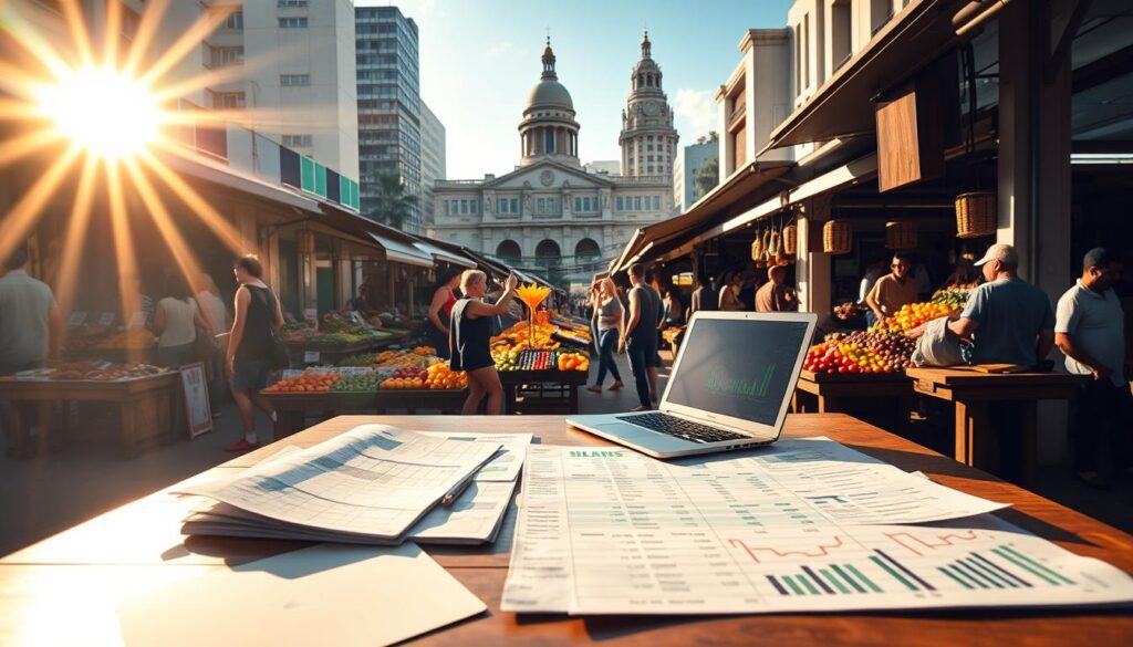 a bustling brazilian marketplace, the sun casting a warm glow over the scene. in the foreground, a table displaying various financial papers and a laptop, representing the eisenhower matrix in action. skilled investors carefully analyze data, weighing the urgency and importance of investment decisions. in the middle ground, shoppers browse stalls filled with vibrant produce and handcrafted goods, the energy of commerce palpable. the background depicts the iconic architecture of a brazilian city, a blend of modern and traditional styles, hinting at the dynamic nature of the country's financial landscape. Soft shadows and diffused lighting create a contemplative atmosphere, inviting the viewer to consider the intersection of strategic decision-making and the Brazilian market. A bustling Brazilian marketplace, the sun casting a warm glow over the scene. In the foreground, a table displaying various financial papers and a laptop, representing the Eisenhower Matrix in action. Skilled investors carefully analyze data, weighing the urgency and importance of investment decisions. In the middle ground, shoppers browse stalls filled with vibrant produce and handcrafted goods, the energy of commerce palpable. The background depicts the iconic architecture of a Brazilian city, a blend of modern and traditional styles, hinting at the dynamic nature of the country's financial landscape. Soft shadows and diffused lighting create a contemplative atmosphere, inviting the viewer to consider the intersection of strategic decision-making and the Brazilian market.