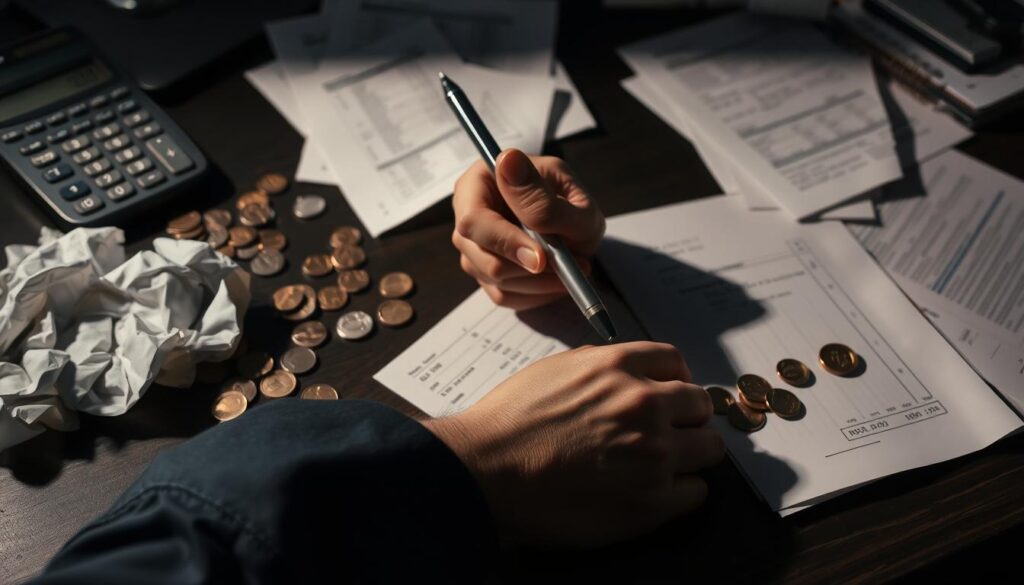 a cluttered desk with crumpled papers, scattered coins, and a frustrated person's hand grasping a pen. Dim lighting casts shadows, creating a somber atmosphere. In the background, a calculator and financial documents hint at the burdensome nature of financial mistakes. The scene conveys the struggle and stress of managing personal finances gone awry, a cautionary tale of the obstacles to achieving financial freedom. A cluttered desk with crumpled papers, scattered coins, and a frustrated person's hand grasping a pen. Dim lighting casts shadows, creating a somber atmosphere. In the background, a calculator and financial documents hint at the burdensome nature of financial mistakes. The scene conveys the struggle and stress of managing personal finances gone awry, a cautionary tale of the obstacles to achieving financial freedom.
