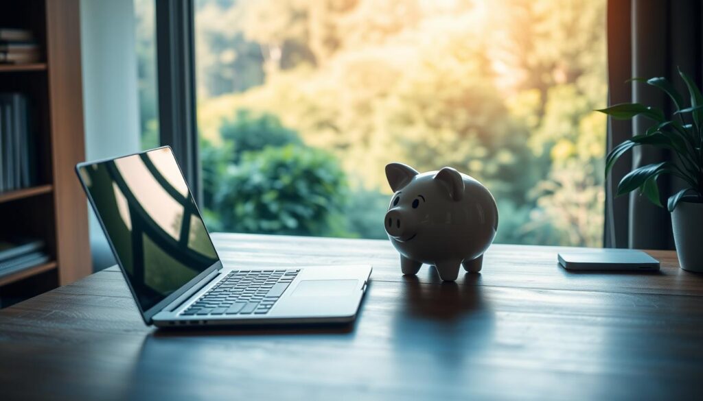 a cozy home office with a wooden desk, a laptop, and a piggy bank sitting atop it. the desk is illuminated by soft, natural light streaming in through a large window overlooking a lush, verdant landscape. the piggy bank is prominently displayed, symbolizing the importance of financial security and a well-stocked emergency fund. the overall scene conveys a sense of serenity, organization, and a commitment to responsible financial planning. A cozy home office with a wooden desk, a laptop, and a piggy bank sitting atop it. The desk is illuminated by soft, natural light streaming in through a large window overlooking a lush, verdant landscape. The piggy bank is prominently displayed, symbolizing the importance of financial security and a well-stocked emergency fund. The overall scene conveys a sense of serenity, organization, and a commitment to responsible financial planning.