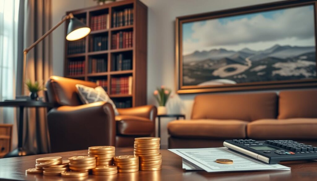 A cozy living room with a comfortable armchair, a stylish side table, and a bookshelf filled with leather-bound volumes. The room is bathed in warm, soft lighting from a floor lamp, creating a contemplative, affluent atmosphere. In the foreground, a stack of gold coins and a <a href='https://rendapassivasegura.com.br/financial-freedom-a-quick-guide-to-wealth/'>financial document symbolize the necessary wealth</a> required for financial independence. The middle ground features a world map and a calculator, suggesting the global reach and analytical aspects of managing one's assets. The background showcases a large, framed painting depicting a serene landscape, evoking a sense of tranquility and stability associated with a well-established portfolio.