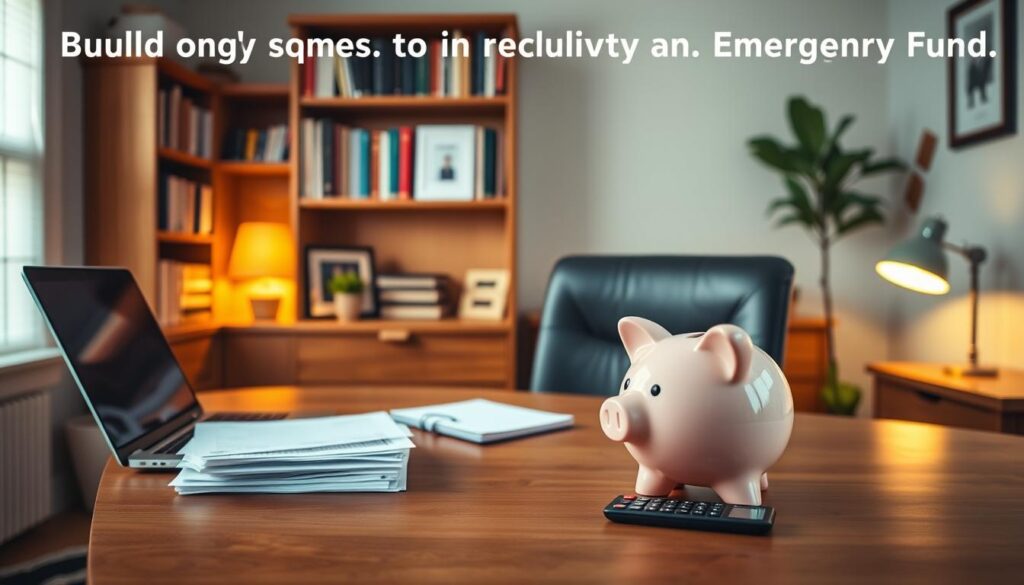 a cozy, well-organized home office with a large wooden desk, a laptop, and a stack of financial documents. the room is illuminated by warm, diffused lighting, creating a calm and focused atmosphere. in the background, a bookshelf filled with personal finance books and a framed family photo. on the desk, a piggy bank and a calculator, symbolizing the careful management of financial resources. the overall scene conveys a sense of financial security and preparedness, reflecting the real-life success stories of building an emergency fund. A cozy, well-organized home office with a large wooden desk, a laptop, and a stack of financial documents. The room is illuminated by warm, diffused lighting, creating a calm and focused atmosphere. In the background, a bookshelf filled with personal finance books and a framed family photo. On the desk, a piggy bank and a calculator, symbolizing the careful management of financial resources. The overall scene conveys a sense of financial security and preparedness, reflecting the real-life success stories of building an emergency fund.