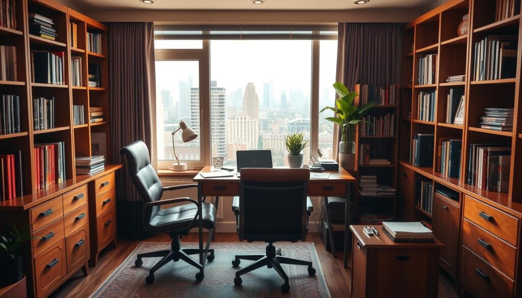 A cozy, well-organized home office, with a sturdy wooden desk, comfortable leather chair, and ample bookshelves. Warm, soft lighting casts a inviting glow, and a large window offers a view of a thriving urban landscape. On the desk, a laptop, some neatly arranged papers, and a small potted plant, creating a productive yet serene atmosphere. The overall scene conveys a sense of a successful, established small business, ready to grow and expand.