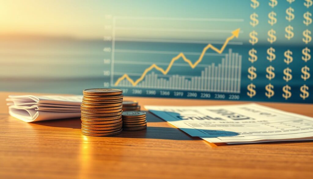 A delicate step-by-step strategy for dividend investing unfolds in a serene financial landscape. In the foreground, a stack of coins and financial documents rests on a wood-grain desk, casting soft shadows. The middle ground features a chart displaying stock performance and dividend yields, presented against a backdrop of tranquil blue and gold hues. In the background, a subtle pattern of dollar signs creates a sense of financial structure and discipline. Warm, natural lighting illuminates the scene, conveying a feeling of thoughtful planning and long-term wealth building. The overall mood is one of careful, methodical investment for a sustainable dividend-based income stream.