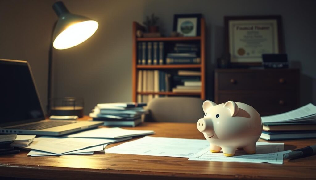 a dimly lit, home office interior with a worn wooden desk, cluttered with financial documents, a laptop, and a piggy bank positioned prominently in the foreground. soft, warm lighting from a desk lamp casts an inviting glow, creating a sense of focus and concentration. in the middle ground, a bookshelf with dog-eared books on personal finance and a framed certificate for financial planning. the background fades into a muted, neutral wall color, drawing the viewer's attention to the central scene depicting the common mistakes people make when trying to build their emergency fund. A dimly lit, home office interior with a worn wooden desk, cluttered with financial documents, a laptop, and a piggy bank positioned prominently in the foreground. Soft, warm lighting from a desk lamp casts an inviting glow, creating a sense of focus and concentration. In the middle ground, a bookshelf with dog-eared books on personal finance and a framed certificate for financial planning. The background fades into a muted, neutral wall color, drawing the viewer's attention to the central scene depicting the common mistakes people make when trying to build their emergency fund.