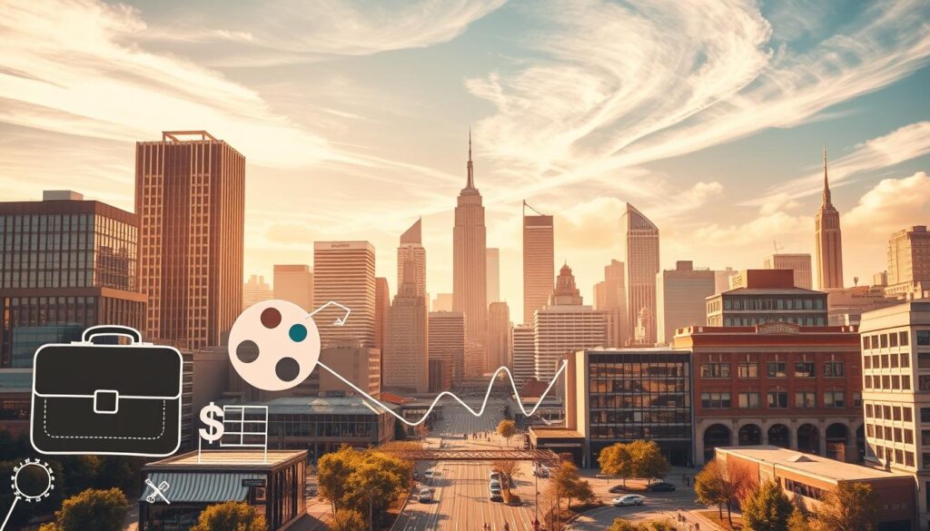 A diverse array of income sources flows through a bustling urban landscape. In the foreground, various icons symbolize different revenue streams - a briefcase for a corporate job, a paint palette for freelance work, a small business storefront, and stocks & bonds. The middle ground features skyscrapers and commercial buildings, conveying a thriving metropolitan setting. Warm, golden lighting washes over the scene, creating an aura of prosperity and financial well-being. Wispy clouds drift across a bright, azure sky, suggesting a sense of open opportunity. The overall composition emphasizes the benefits of cultivating multiple income channels to achieve financial freedom.