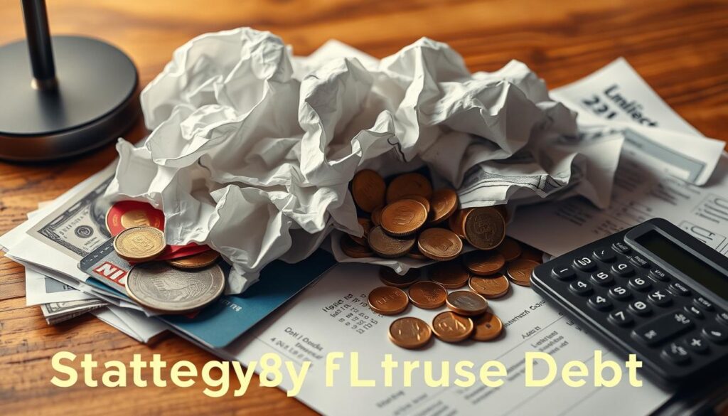 a financial report displaying a variety of debt instruments, including credit cards, loans, and bills, against a backdrop of a wooden desk. the debts are visually represented as crumpled papers, coins, and calculator, conveying the overwhelming burden of personal debt. soft, warm lighting illuminates the scene, creating a contemplative mood. the overall composition emphasizes the importance of strategically reducing debt, as suggested by the section title. A financial report displaying a variety of debt instruments, including credit cards, loans, and bills, against a backdrop of a wooden desk. The debts are visually represented as crumpled papers, coins, and calculator, conveying the overwhelming burden of personal debt. Soft, warm lighting illuminates the scene, creating a contemplative mood. The overall composition emphasizes the importance of strategically reducing debt, as suggested by the section title.