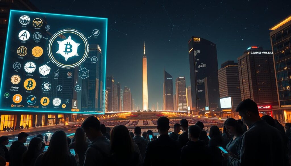 A futuristic cityscape at night, with a glowing holographic display showcasing the logos and symbols of the world's leading cryptocurrencies. The scene is illuminated by a warm, neon-infused lighting, casting long shadows and highlights across the sleek, high-rise buildings. In the foreground, a group of digital natives are gathered, engrossed in their mobile devices, their faces bathed in the glow of cryptocurrency exchange apps. The middle ground features a central plaza, where a towering monument stands, representing the decentralized, blockchain-based financial revolution. In the background, a starry sky stretches out, hinting at the vast, interconnected nature of the global cryptocurrency market.