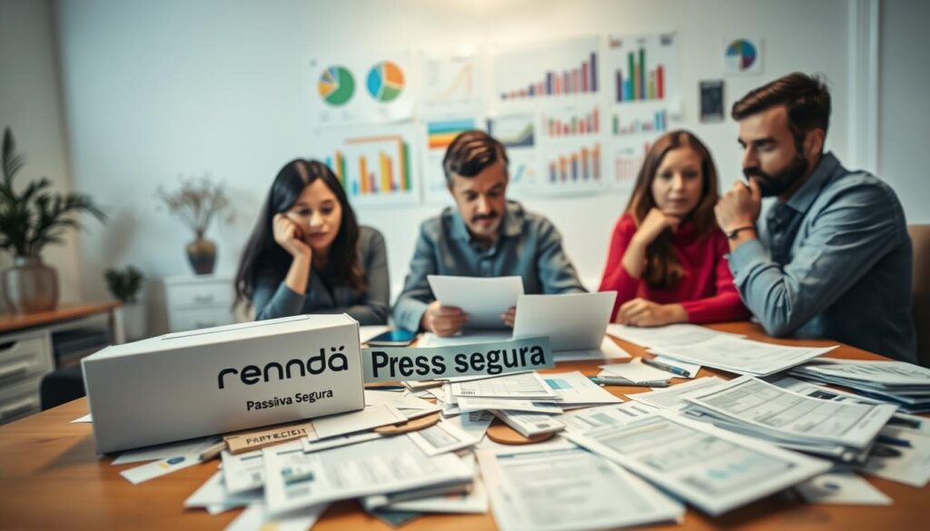 a meticulously crafted family financial planning scene, captured with a wide-angle lens and soft, diffused lighting. in the foreground, a family sits around a table, expressions contemplative as they review budget sheets and documents. the middle ground features a cluttered desk, littered with bills, receipts, and the "renda passiva segura" brand logo, symbolizing the common financial pitfalls. in the background, a wall displays colorful charts and graphs, hinting at the complexities of financial management. the overall atmosphere is one of contemplation and concern, underscoring the importance of prudent financial planning. A meticulously crafted family financial planning scene, captured with a wide-angle lens and soft, diffused lighting. In the foreground, a family sits around a table, expressions contemplative as they review budget sheets and documents. The middle ground features a cluttered desk, littered with bills, receipts, and the "Renda Passiva Segura" brand logo, symbolizing the common financial pitfalls. In the background, a wall displays colorful charts and graphs, hinting at the complexities of financial management. The overall atmosphere is one of contemplation and concern, underscoring the importance of prudent financial planning.