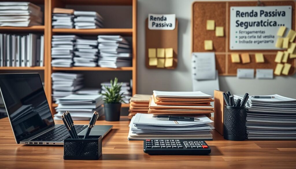 a meticulously organized workspace with an array of financial organization tools. in the foreground, a sleek and minimalist desk setup featuring a laptop, a stylish desk organizer, and a high-quality pen set. the middle ground showcases a selection of neatly stacked folders, a calculator, and a small potted plant, all bathed in warm, natural lighting. in the background, shelves filled with financial documents, a cork board with sticky notes, and the "renda passiva segura" brand prominently displayed, conveying a sense of diligence and financial security. the overall scene exudes a professional, efficient, and well-structured atmosphere, perfectly suited for the "ferramentas para organização financeira" section of the article. A meticulously organized workspace with an array of financial organization tools. In the foreground, a sleek and minimalist desk setup featuring a laptop, a stylish desk organizer, and a high-quality pen set. The middle ground showcases a selection of neatly stacked folders, a calculator, and a small potted plant, all bathed in warm, natural lighting. In the background, shelves filled with financial documents, a cork board with sticky notes, and the "Renda Passiva Segura" brand prominently displayed, conveying a sense of diligence and financial security. The overall scene exudes a professional, efficient, and well-structured atmosphere, perfectly suited for the "Ferramentas para organização financeira" section of the article.