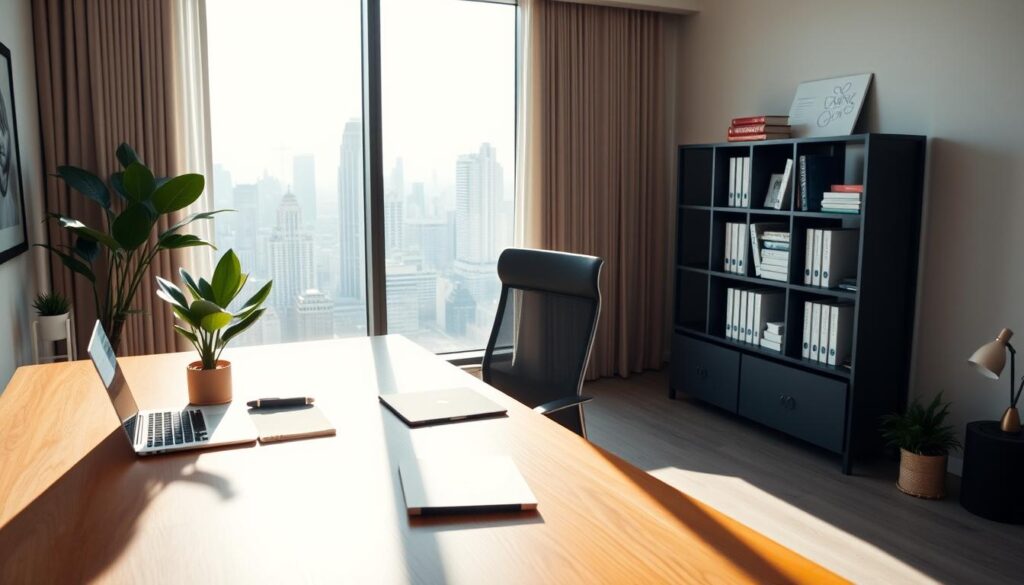 a modern home office with a bright, airy atmosphere. a large wooden desk dominates the foreground, neatly organized with a laptop, notepad, and a potted plant. the middle ground features a comfortable office chair and a sleek shelving unit displaying personal finance books and documents. the background showcases a panoramic window overlooking a vibrant city skyline, bathed in soft, natural lighting. the overall mood is one of productivity, focus, and financial goal-setting. A modern home office with a bright, airy atmosphere. A large wooden desk dominates the foreground, neatly organized with a laptop, notepad, and a potted plant. The middle ground features a comfortable office chair and a sleek shelving unit displaying personal finance books and documents. The background showcases a panoramic window overlooking a vibrant city skyline, bathed in soft, natural lighting. The overall mood is one of productivity, focus, and financial goal-setting.