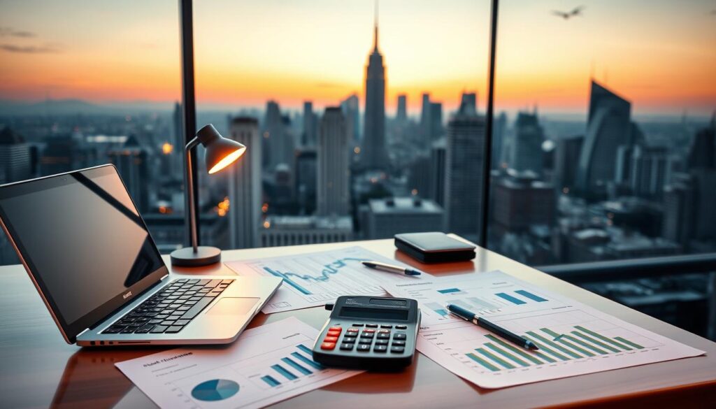 a neatly organized desk with a laptop, calculator, and financial documents, set against a backdrop of a city skyline at dusk. the desk is well-lit, creating a professional and focused atmosphere. the financial documents and charts on the desk provide a visual representation of the "objetivos financeiros" (financial goals) mentioned in the section title. the city skyline in the background conveys a sense of ambition and opportunity, hinting at the potential for passive income in foreign currency mentioned in the article subject. A neatly organized desk with a laptop, calculator, and financial documents, set against a backdrop of a city skyline at dusk. The desk is well-lit, creating a professional and focused atmosphere. The financial documents and charts on the desk provide a visual representation of the "objetivos financeiros" (financial goals) mentioned in the section title. The city skyline in the background conveys a sense of ambition and opportunity, hinting at the potential for passive income in foreign currency mentioned in the article subject.