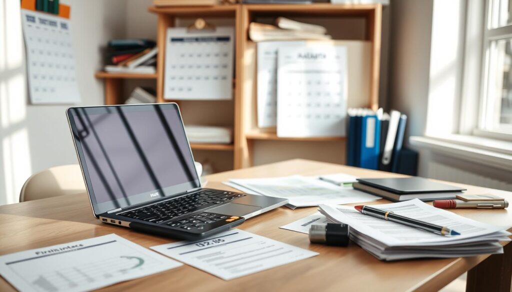 A neatly organized desk with a laptop, calculator, and various financial documents. Soft, natural lighting illuminates the scene, creating a sense of focus and productivity. In the background, a wall calendar and shelves filled with books and folders hint at the broader context of personal finance management. The overall mood is one of calm determination, as if the viewer is about to embark on a journey to take control of their financial situation.