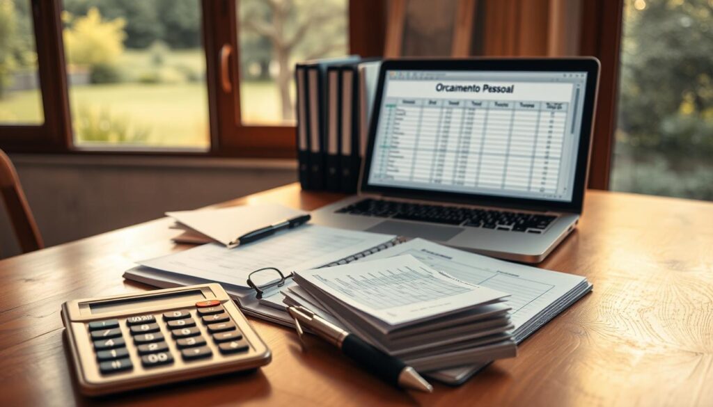 a neatly organized personal finance workbook on a wooden desk, illuminated by warm, natural lighting. in the foreground, a calculator, a pen, and a stack of receipts are arranged with precision. the middle ground features a laptop displaying a spreadsheet titled "orçamento pessoal", surrounded by folders and documents. in the background, a window overlooking a serene, garden-like setting adds a calming atmosphere, conveying the importance of financial planning and control. A neatly organized personal finance workbook on a wooden desk, illuminated by warm, natural lighting. In the foreground, a calculator, a pen, and a stack of receipts are arranged with precision. The middle ground features a laptop displaying a spreadsheet titled "Orçamento Pessoal", surrounded by folders and documents. In the background, a window overlooking a serene, garden-like setting adds a calming atmosphere, conveying the importance of financial planning and control.
