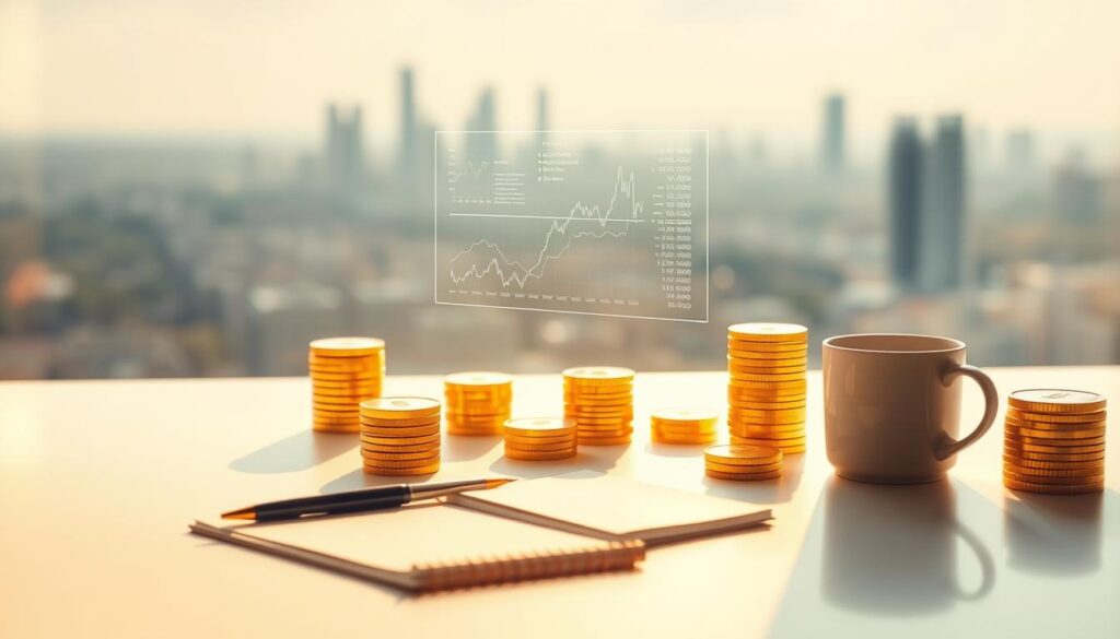 a serene and minimalist financial landscape, with stacks of gold coins, charts, and graphs floating effortlessly in a soft, diffused light. the foreground features a clean, elegant table with a pen, a notebook, and a cup of coffee, all bathed in a warm, inviting glow. the middle ground showcases a holographic display of financial data, projecting key investment insights. in the background, a tranquil, blurred cityscape provides a sense of stability and progress. the overall atmosphere conveys a sense of clarity, simplicity, and confidence in understanding the complexities of investing. A serene and minimalist financial landscape, with stacks of gold coins, charts, and graphs floating effortlessly in a soft, diffused light. The foreground features a clean, elegant table with a pen, a notebook, and a cup of coffee, all bathed in a warm, inviting glow. The middle ground showcases a holographic display of financial data, projecting key investment insights. In the background, a tranquil, blurred cityscape provides a sense of stability and progress. The overall atmosphere conveys a sense of clarity, simplicity, and confidence in understanding the complexities of investing.
