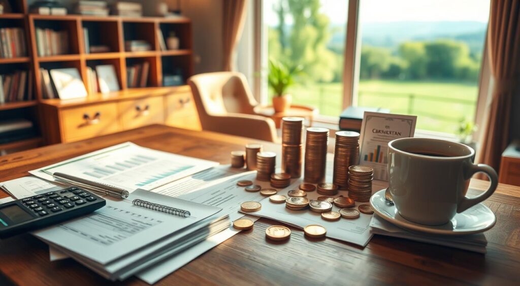 A serene and sophisticated investment portfolio with a range of diverse assets, illuminated by warm natural lighting and captured through a wide-angle lens. The foreground showcases a mix of financial documents, a calculator, and a cup of coffee, hinting at the thoughtful and diligent approach to wealth management. The middle ground features a neatly arranged display of coins, precious metals, and investment certificates, symbolizing the various investment vehicles. The background depicts a cozy, home-office-like setting with a wooden desk, bookshelves, and a window overlooking a peaceful, verdant landscape, creating an atmosphere of financial security and long-term stability.