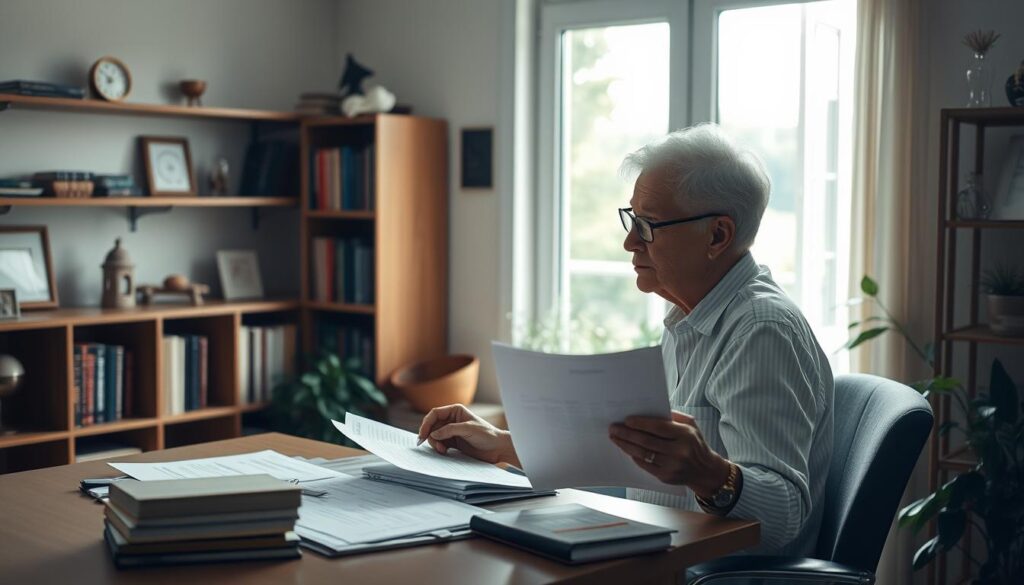a serene and thoughtful scene of a person planning for retirement. in the foreground, a person sits at a desk, studying financial documents and planning their financial future. the lighting is soft and natural, creating a warm and contemplative atmosphere. in the middle ground, a window overlooks a tranquil garden, symbolizing the peaceful life the person is preparing for. the background features shelves filled with books and mementos, representing the wisdom and experiences the person has accumulated over the years. the overall composition conveys a sense of careful planning, foresight, and a desire for a comfortable and fulfilling retirement. A serene and thoughtful scene of a person planning for retirement. In the foreground, a person sits at a desk, studying financial documents and planning their financial future. The lighting is soft and natural, creating a warm and contemplative atmosphere. In the middle ground, a window overlooks a tranquil garden, symbolizing the peaceful life the person is preparing for. The background features shelves filled with books and mementos, representing the wisdom and experiences the person has accumulated over the years. The overall composition conveys a sense of careful planning, foresight, and a desire for a comfortable and fulfilling retirement.