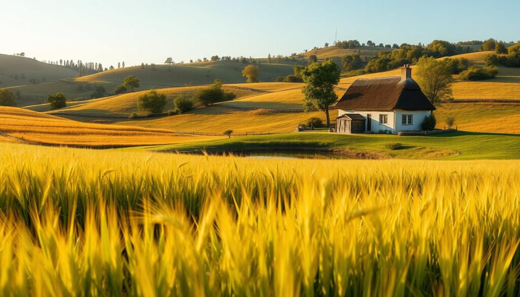 A serene countryside scene, bathed in warm afternoon light. In the foreground, a lush field of golden wheat sways gently in the breeze. In the middle ground, a charming cottage with a thatched roof and a small pond, its still waters reflecting the tranquil surroundings. In the background, rolling hills dotted with verdant trees, hinting at the boundless natural beauty that lies beyond. The composition evokes a sense of peace and abundance, a tranquil oasis where financial independence and passive income flourish effortlessly, without relying solely on daily labor.