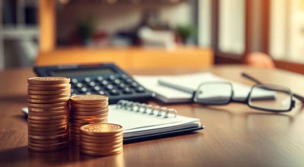 A serene, high-contrast photograph showcasing safe, secure investments that generate a monthly income. In the foreground, a stack of gold coins and government bonds are neatly arranged, evoking a sense of stability and reliability. The middle ground features a calculator, notepad, and reading glasses, hinting at the careful analysis and diligence required for successful monthly investment strategies. The background is a softly blurred image of a modern office or financial institution, bathed in warm, directional lighting that casts subtle shadows, creating depth and emphasizing the professionalism of the scene. The overall mood is one of financial prudence, steady growth, and the promise of a reliable monthly return.