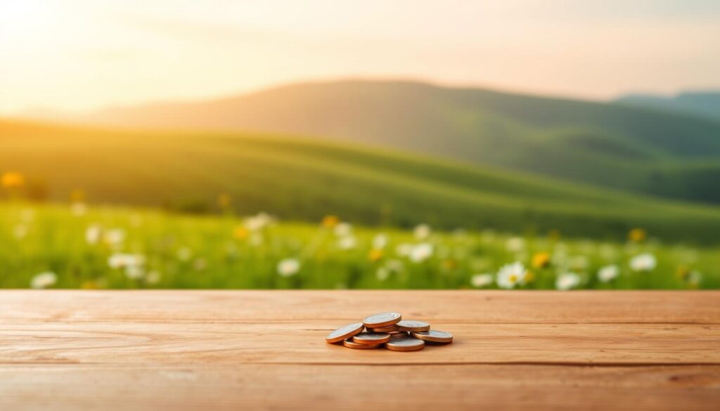 A serene, minimalist landscape showcasing the potential of investing with limited funds. In the foreground, a small pile of coins rests on a plain wooden surface, symbolizing the modest financial starting point. The middle ground features a lush, verdant field dotted with wildflowers, conveying the growth and prosperity that can blossom from humble beginnings. In the background, a gently rolling hill silhouetted against a warm, golden-hued sky, suggesting the long-term horizon and the rewards of patient, disciplined investing. The overall mood is one of tranquility, hope, and the promise of a brighter financial future, even with limited initial resources.