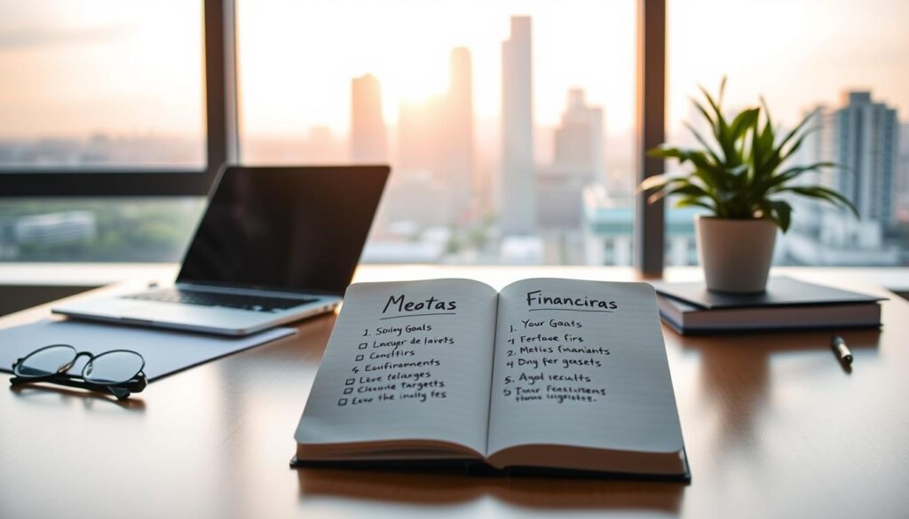 a serene office setting with a well-organized desk showcasing a laptop, a potted plant, and a pair of reading glasses. in the background, a large window overlooking a city skyline bathed in soft, golden light, creating a warm and inviting atmosphere. on the desk, a notebook is open, displaying carefully handwritten financial goals and targets, representing the concept of "metas financeiras" (financial goals). the overall scene conveys a sense of focus, productivity, and the pursuit of financial dreams. A serene office setting with a well-organized desk showcasing a laptop, a potted plant, and a pair of reading glasses. In the background, a large window overlooking a city skyline bathed in soft, golden light, creating a warm and inviting atmosphere. On the desk, a notebook is open, displaying carefully handwritten financial goals and targets, representing the concept of "Metas Financeiras" (Financial Goals). The overall scene conveys a sense of focus, productivity, and the pursuit of financial dreams.