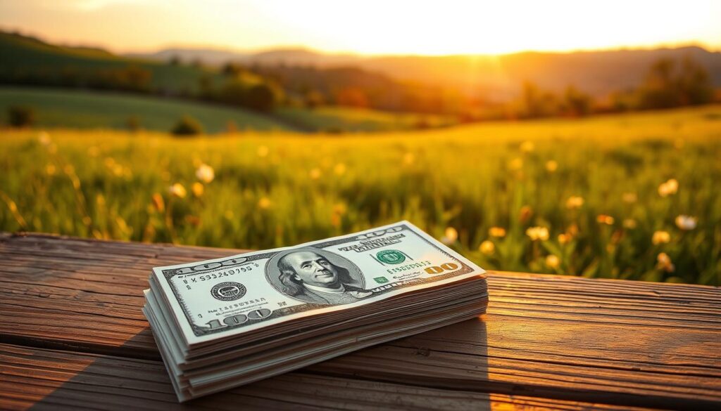 a serene, passive income scene set in an idyllic countryside, bathed in warm, golden hour light. in the foreground, a stack of u.s. dollar bills rests atop a wooden table, symbolizing effortless financial gain. in the middle ground, a lush, verdant field stretches out, dotted with wildflowers swaying gently in a light breeze. in the background, a picturesque, rolling hillside landscape unfolds, painted in soft hues of green and blue. the overall composition conveys a sense of tranquility, freedom, and the ability to generate passive income without the burden of bureaucracy. A serene, passive income scene set in an idyllic countryside, bathed in warm, golden hour light. In the foreground, a stack of U.S. dollar bills rests atop a wooden table, symbolizing effortless financial gain. In the middle ground, a lush, verdant field stretches out, dotted with wildflowers swaying gently in a light breeze. In the background, a picturesque, rolling hillside landscape unfolds, painted in soft hues of green and blue. The overall composition conveys a sense of tranquility, freedom, and the ability to generate passive income without the burden of bureaucracy.