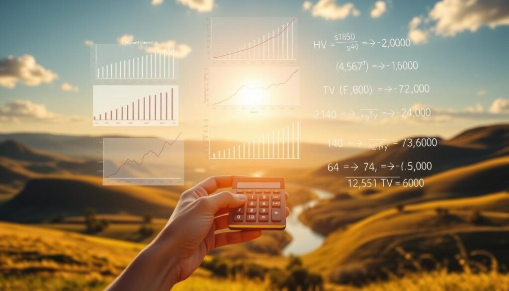 A serene, sun-dappled landscape with rolling hills and a meandering river in the background. In the foreground, a pair of hands holding a calculator, surrounded by a collage of financial charts, graphs, and formulas illustrating the power of compound interest and dividend reinvestment. The scene is bathed in a warm, golden glow, conveying a sense of financial growth and prosperity. The overall mood is one of thoughtful contemplation, inviting the viewer to consider the long-term benefits of prudent financial management.