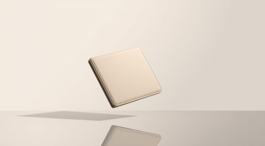 A stylized illustration of a passive income portfolio, featuring a sleek, minimalist wallet or portfolio case in muted tones, floating in a clean, well-lit studio environment. The wallet is positioned at a slight angle, casting a soft shadow on a reflective surface below. The background is a simple, neutral gradient that allows the wallet to be the focal point. The overall composition exudes a sense of sophistication, organization, and financial stability, capturing the essence of an efficient passive income portfolio.