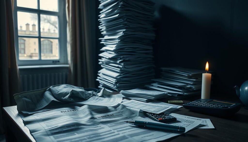 a towering stack of bills, receipts, and financial documents symbolizing the weight of debt, casting a long shadow across a dimly lit room. the foreground features a crumpled loan contract and overdue notices, conveying the sense of being trapped in a cycle of financial obligations. the middle ground shows a desk with a calculator, pen, and a single flickering candle, suggesting the painstaking effort required to manage these burdens. in the background, a window casts a soft, warm glow, hinting at the promise of <a href='https://rendapassivasegura.com.br/financial-freedom-a-quick-guide-to-wealth/'>financial freedom</a> just out of reach. The lighting is dramatic, with deep shadows and contrasting highlights, evoking a somber, contemplative mood. A towering stack of bills, receipts, and financial documents symbolizing the weight of debt, casting a long shadow across a dimly lit room. The foreground features a crumpled loan contract and overdue notices, conveying the sense of being trapped in a cycle of financial obligations. The middle ground shows a desk with a calculator, pen, and a single flickering candle, suggesting the painstaking effort required to manage these burdens. In the background, a window casts a soft, warm glow, hinting at the promise of <a href='https://rendapassivasegura.com.br/financial-freedom-a-quick-guide-to-wealth/'>financial freedom</a> just out of reach. The lighting is dramatic, with deep shadows and contrasting highlights, evoking a somber, contemplative mood.