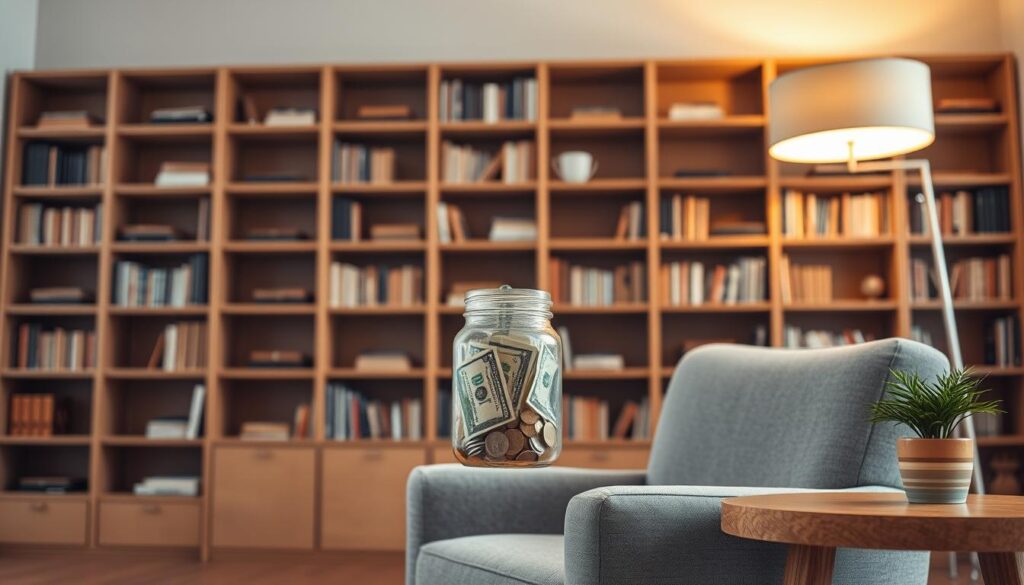 A tranquil, modern living room with a large, wooden bookshelf filling the background. On the middle shelf, a clear glass jar filled with crisp dollar bills and coins, representing a well-organized emergency fund. Soft, warm lighting from a floor lamp illuminates the scene, creating a sense of comfort and financial security. In the foreground, a plush, grey armchair and a wooden end table with a potted plant, conveying a cozy, inviting atmosphere. The overall composition emphasizes the importance of having a readily available emergency reserve, ready to provide financial stability in times of unexpected challenges.