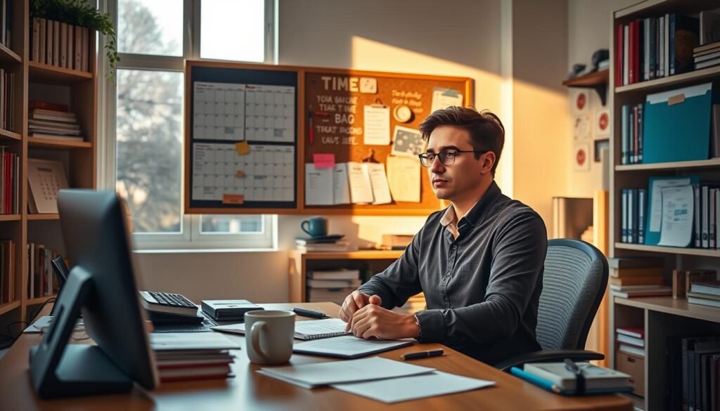 A tranquil office space filled with natural light, a teacher's desk neatly organized with calendars, notepads, and a cup of coffee. In the background, a colorful corkboard displays schedules, to-do lists, and inspirational quotes. The walls are adorned with shelves of books and teaching materials, reflecting the educator's dedication to time management and productivity. Soft, warm lighting casts a contemplative atmosphere, as the teacher sits thoughtfully, planning their day and reviewing their schedule. The scene conveys a sense of focus, balance, and a commitment to effective time usage in the pursuit of educational excellence.