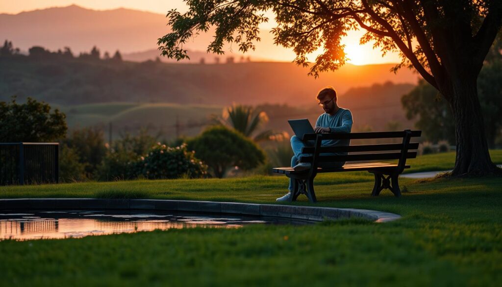 a tranquil outdoor scene, a lush garden setting with a serene pond in the foreground. in the middle ground, a person sits comfortably on a park bench, laptop open, focused on their work. the background features rolling hills and a warm, golden sunset, casting a soft, ambient glow over the entire scene. the lighting is soft and natural, creating a calming, contemplative atmosphere. the overall composition suggests a sense of financial independence and passive income, with the person working effortlessly in a peaceful, idyllic environment. A tranquil outdoor scene, a lush garden setting with a serene pond in the foreground. In the middle ground, a person sits comfortably on a park bench, laptop open, focused on their work. The background features rolling hills and a warm, golden sunset, casting a soft, ambient glow over the entire scene. The lighting is soft and natural, creating a calming, contemplative atmosphere. The overall composition suggests a sense of financial independence and passive income, with the person working effortlessly in a peaceful, idyllic environment.