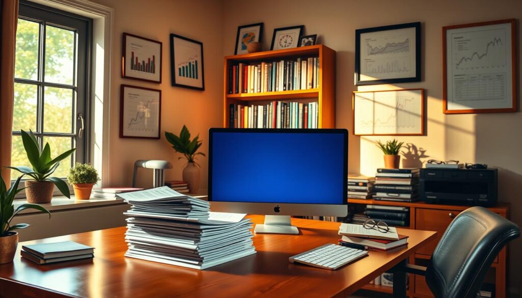 A tranquil scene of a home office filled with the tools of investing. In the foreground, a sleek desktop computer and a stack of financial reports sit atop a polished wooden desk. The middle ground features a bookshelf brimming with investment guides and market analysis tomes. Framed charts and graphs adorn the walls, casting a professional, analytical glow. The background depicts a sun-dappled window, hinting at the wealth-building opportunities outside. Warm, ambient lighting creates a serene, contemplative atmosphere, inviting the viewer to explore the world of passive income through stocks and funds.