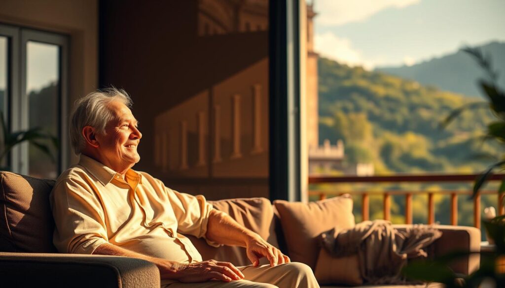 a tranquil scene of the brazilian social security system, captured in a serene, realistic style. in the foreground, a retired elderly couple relaxing in a comfortable living room, their faces expressing contentment and security. the middle ground features architectural elements suggestive of a government building, conveying the institutional nature of the system. the background softly depicts lush, verdant landscapes, symbolizing the natural abundance and resources that underpin the nation's future. Warm, diffused lighting bathes the entire composition, creating a sense of harmony and well-being. The overall mood is one of reassurance and stability, reflecting the article's focus on planning for a peaceful retirement. A tranquil scene of the Brazilian social security system, captured in a serene, realistic style. In the foreground, a retired elderly couple relaxing in a comfortable living room, their faces expressing contentment and security. The middle ground features architectural elements suggestive of a government building, conveying the institutional nature of the system. The background softly depicts lush, verdant landscapes, symbolizing the natural abundance and resources that underpin the nation's future. Warm, diffused lighting bathes the entire composition, creating a sense of harmony and well-being. The overall mood is one of reassurance and stability, reflecting the article's focus on planning for a peaceful retirement.