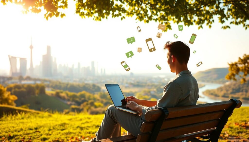 A vibrant, serene outdoor scene showcasing various passive income streams. In the foreground, a person sits comfortably on a park bench, laptop open, with an array of mobile devices and notification icons floating around them, symbolizing online revenue streams. The middle ground features a bustling city skyline, with skyscrapers and modern architecture bathed in warm, golden sunlight. In the background, a serene landscape with rolling hills, a winding river, and lush greenery, creating a sense of tranquility and balance. The lighting is soft and diffused, casting an inviting glow over the entire scene. The overall atmosphere conveys a harmonious blend of technology, productivity, and the natural world, embodying the concept of "passive income online".