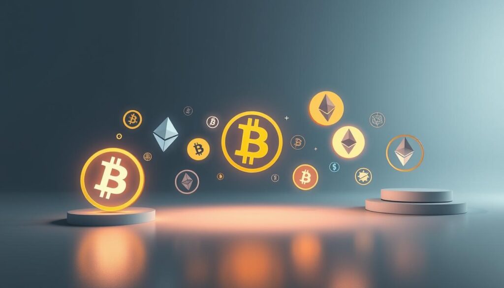 A visually striking composition of cryptocurrency icons and symbols floating in a serene, minimalist environment. A sleek, modern foreground featuring a collection of stylized bitcoin, ethereum, and other digital currency logos, each illuminated by a soft, ambient light. The middle ground is a simple, muted backdrop, allowing the cryptocurrencies to take center stage. The overall atmosphere is one of sophistication and technology, inviting the viewer to contemplate the intricacies and potential of the cryptocurrency market.