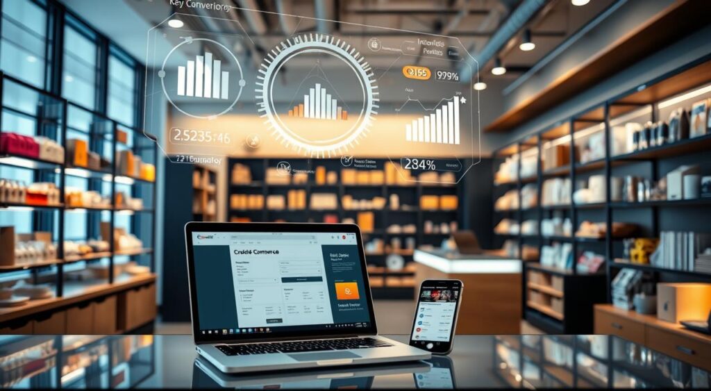 a well-lit ecommerce storefront, with various products displayed on shelves and countertops. in the foreground, a laptop and smartphone showcase an automated ordering and fulfillment process. floating above, a holographic interface illustrates key e-commerce metrics and analytics. the overall atmosphere is sleek, modern, and efficient, conveying the seamless integration of dropshipping and automated e-commerce. A well-lit ecommerce storefront, with various products displayed on shelves and countertops. In the foreground, a laptop and smartphone showcase an automated ordering and fulfillment process. Floating above, a holographic interface illustrates key e-commerce metrics and analytics. The overall atmosphere is sleek, modern, and efficient, conveying the seamless integration of dropshipping and automated e-commerce.