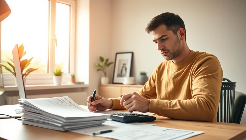 A well-organized home office setting, bathed in warm, natural light from a large window. On the desk, a stack of neatly organized financial documents, a laptop, and a pen resting atop a calculator. In the foreground, a person thoughtfully examining their finances, expression contemplative yet determined. The middle ground features minimal, streamlined decor - a plant, a framed artwork, and a strategically placed trash bin, symbolizing the process of cutting unnecessary expenses. The background depicts a serene, uncluttered space, conveying a sense of focus and control over one's financial situation. The overall mood is one of calm, organization, and a resolve to take charge of personal finances.