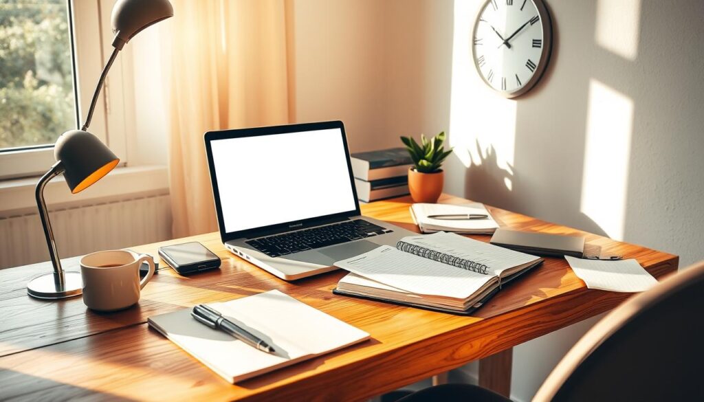A well-organized home office with a wooden desk, a laptop, and a planner open on the surface. Warm, natural lighting streams in through a window, casting soft shadows. On the desk, there are also a cup of coffee, a pen, and a notebook. A modern analog clock hangs on the wall, emphasizing the theme of time management. The overall atmosphere is focused, productive, and calming, reflecting the challenges of balancing a primary job and a side hustle.
