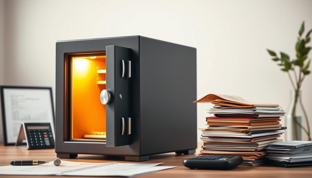 a well-stocked emergency reserve, represented by a sturdy safe or strongbox, sits prominently in the foreground. the safe is bathed in warm, golden light, symbolizing the sense of security and stability it provides. in the middle ground, a financial planner's desk with a calculator, pen, and documents conveys the careful planning and organization required to maintain a robust emergency fund. The background depicts a serene, minimalist office space, with clean lines and neutral tones, creating a calming, uncluttered atmosphere conducive to prudent financial decision-making. A well-stocked emergency reserve, represented by a sturdy safe or strongbox, sits prominently in the foreground. The safe is bathed in warm, golden light, symbolizing the sense of security and stability it provides. In the middle ground, a financial planner's desk with a calculator, pen, and documents conveys the careful planning and organization required to maintain a robust emergency fund. The background depicts a serene, minimalist office space, with clean lines and neutral tones, creating a calming, uncluttered atmosphere conducive to prudent financial decision-making.