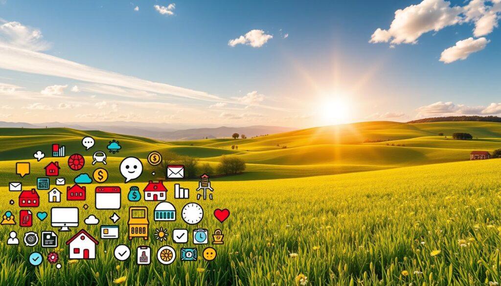 An idyllic landscape depicting diverse income streams. In the foreground, a vibrant array of icons representing various passive income sources - from online shops and rental properties to investment portfolios and freelance gigs. The middle ground features a serene, sun-dappled meadow with individuals engaged in these activities, conveying a sense of financial security and independence. In the background, rolling hills and a cloudless sky create a tranquil, aspirational atmosphere. Warm, golden lighting illuminates the scene, suggesting the rewards of a diversified income strategy. Captured with a wide-angle lens to emphasize the breadth of opportunities available to the viewer.