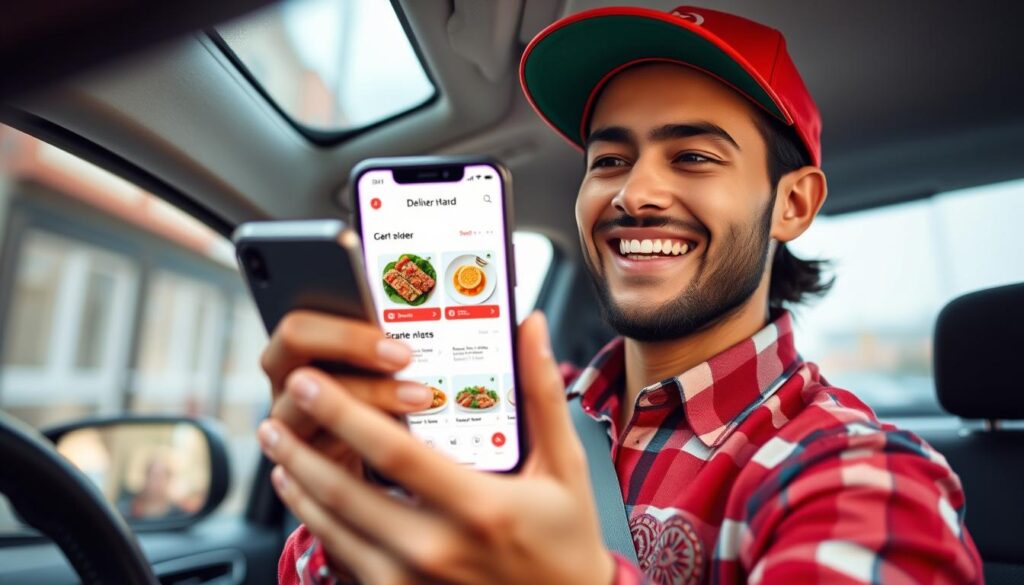 Gere uma imagem de um entregador feliz usando um aplicativo de delivery no celular.