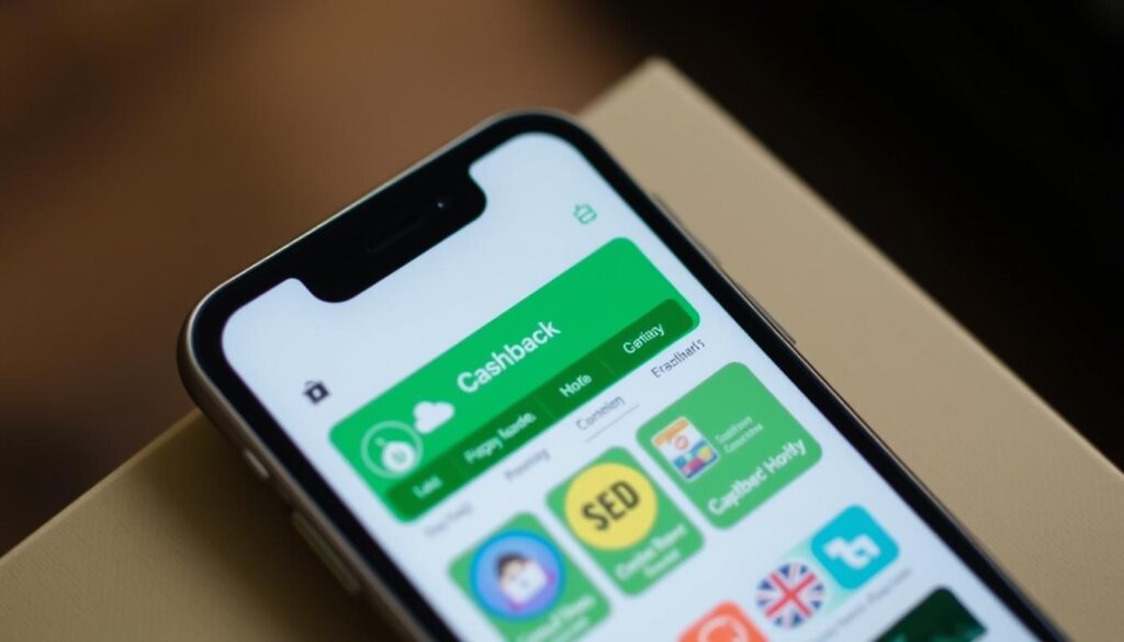 Imagem de um celular com aplicativos de cashback na tela