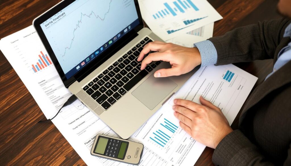 imagem de uma pessoa começando a investir com um notebook e uma calculadora Imagem de uma pessoa começando a investir com um notebook e uma calculadora