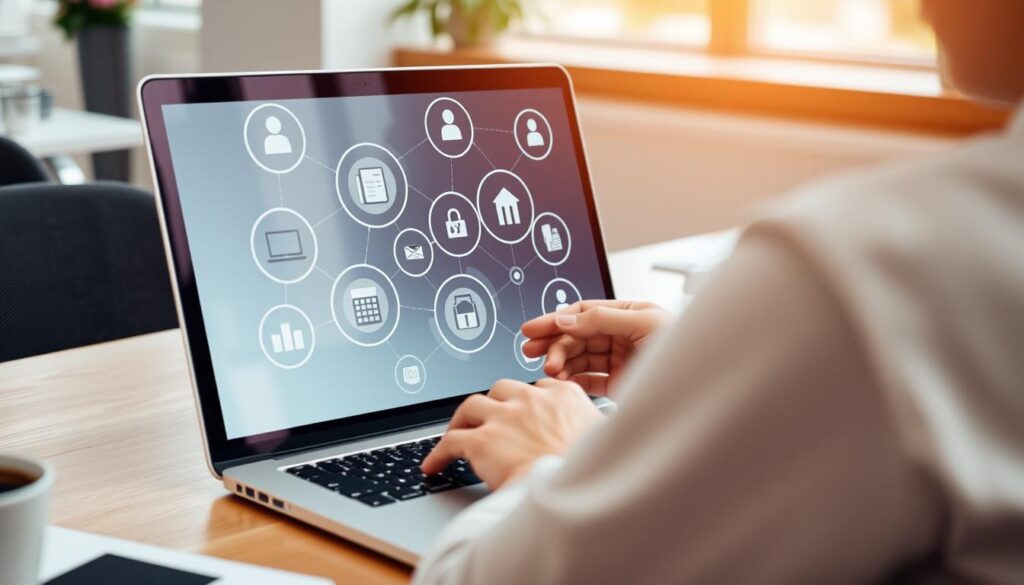 Imagem de uma pessoa compartilhando recursos digitais em um laptop