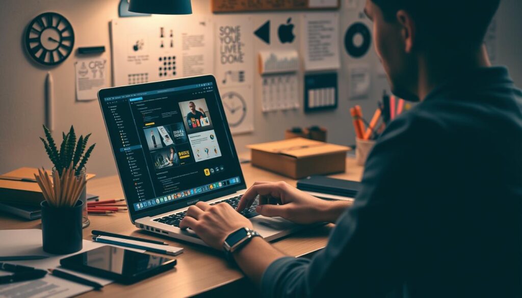 Imagem de uma pessoa criando um produto digital em um laptop