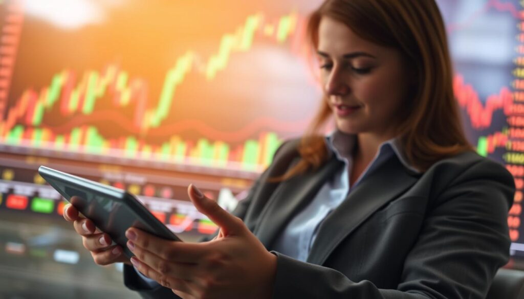 imagem de uma pessoa investindo com um tablet e um gráfico de ações ao fundo. Imagem de uma pessoa investindo com um tablet e um gráfico de ações ao fundo.