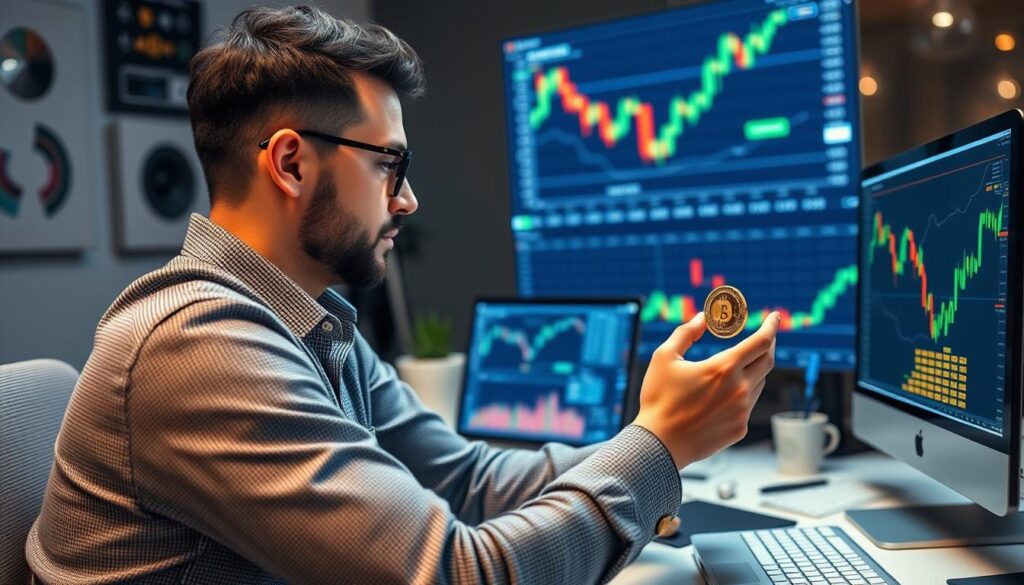 Imagem de uma pessoa investindo em criptomoedas