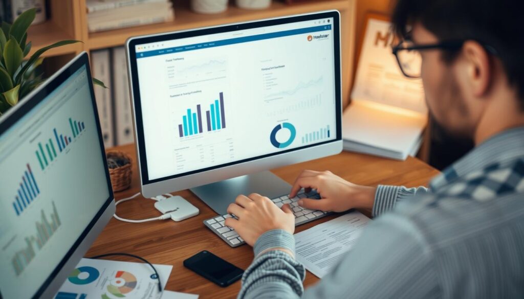 imagem de uma pessoa planejando finanças em um computador Imagem de uma pessoa planejando finanças em um computador